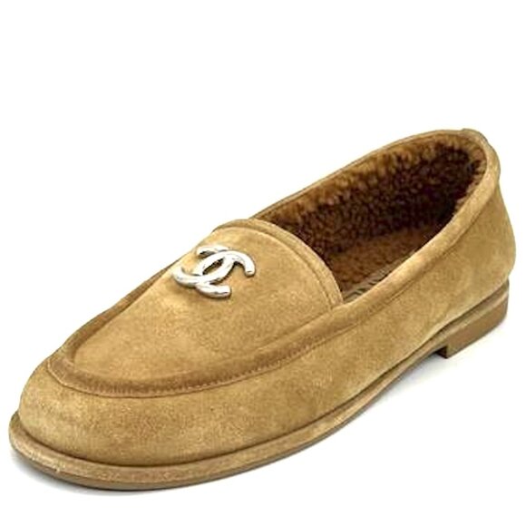 CHANEL REV Shearling Lined Suede Calfskin CC Loafers Moccasins Flat Shoes - Picture 1 of 15